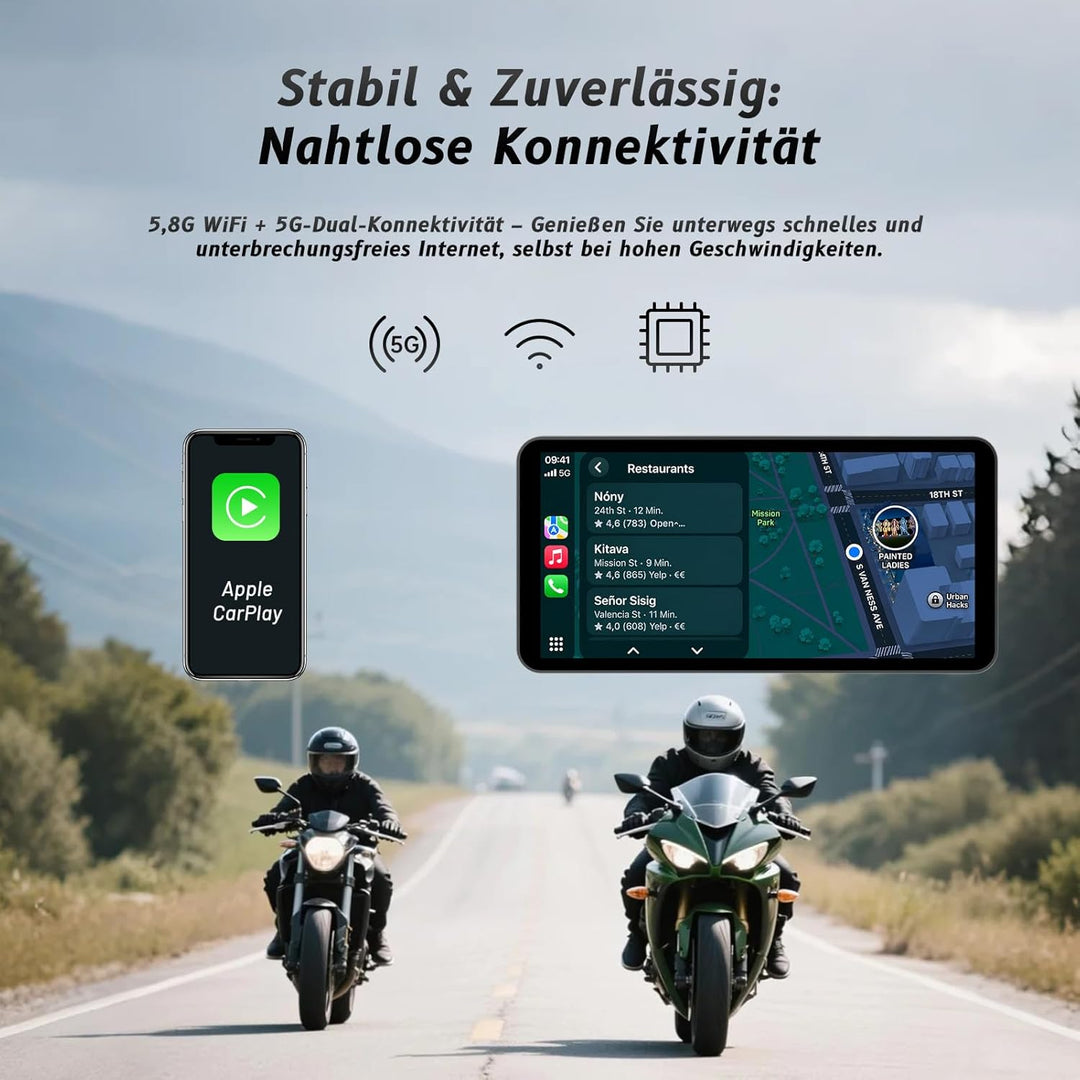 5.5-Zoll-Motorrad-Smart-Display – Kabelloses CarPlay & Android Auto | Bluetooth-Sprachsteuerung | IP