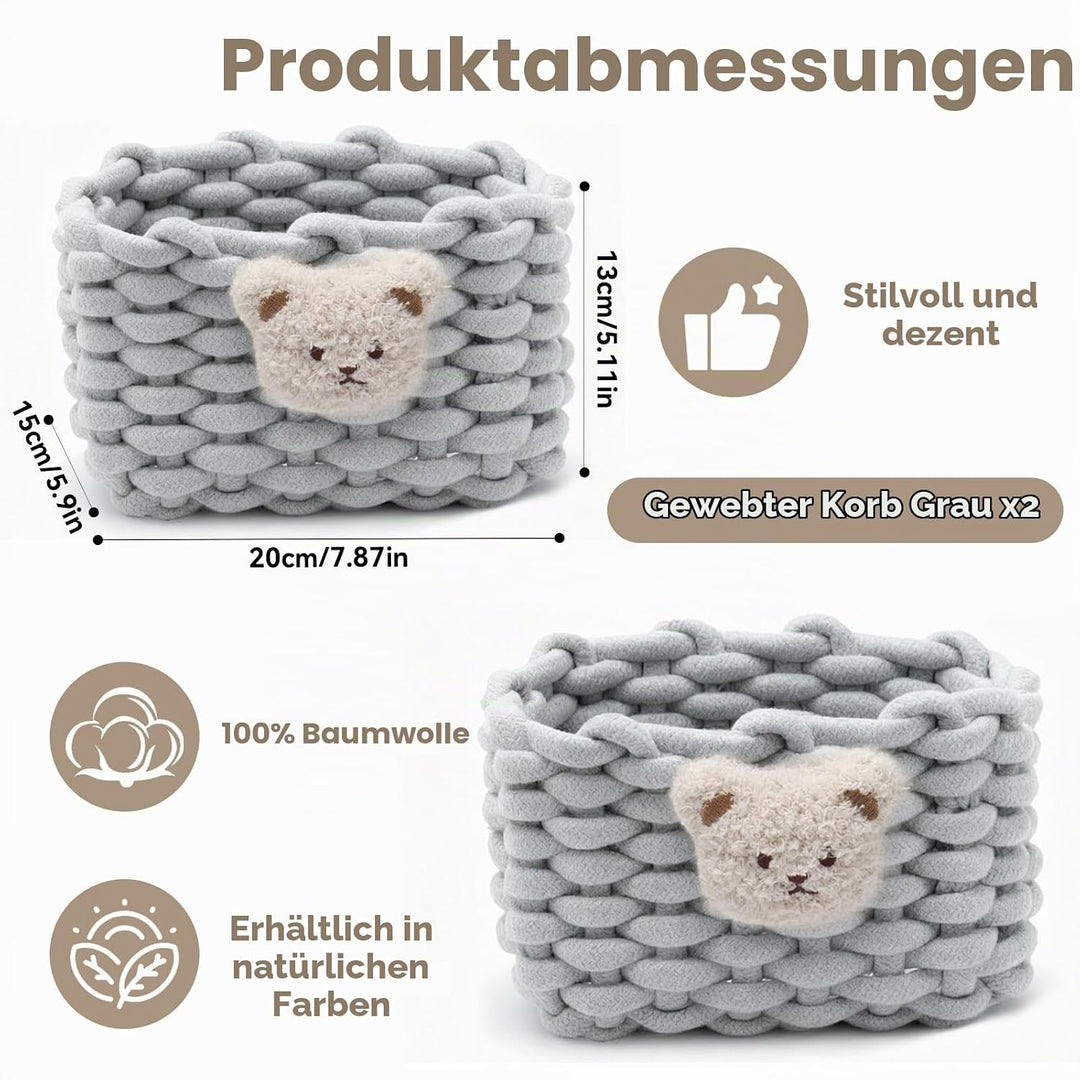 2 Stück Aufbewahrungskorb Geflochten Baumwolle Strickkorb, Organizer Klein Körbchen mit Bärenmotiv A