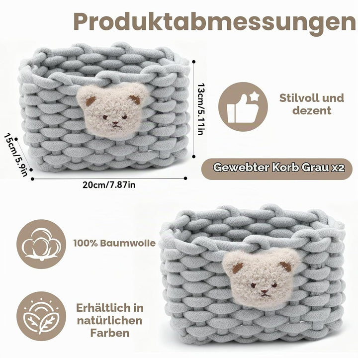 2 Stück Aufbewahrungskorb Geflochten Baumwolle Strickkorb, Organizer Klein Körbchen mit Bärenmotiv A