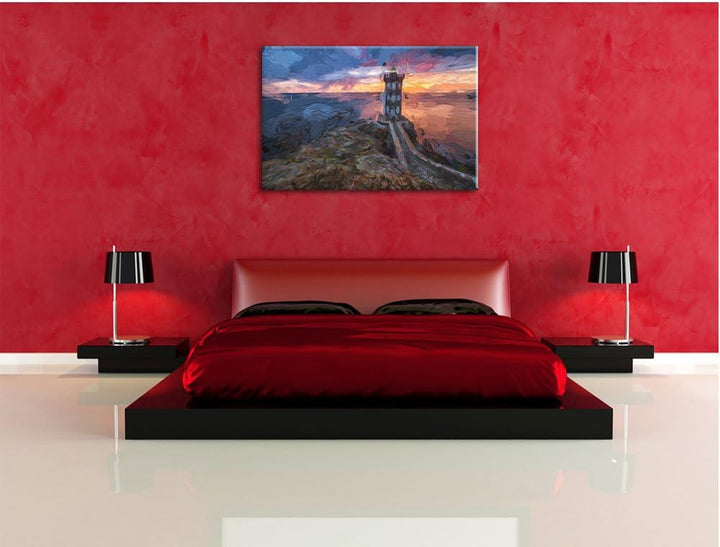 Pixxprint Leuchtturm im Sonnenuntergang als Leinwandbild/Grösse: 100x70 / Wandbild/Kunstdruck/fertig