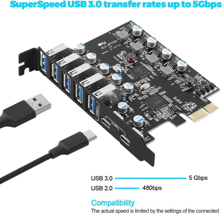 ULANSEN PCI-E-auf-7-Port-(Typ C (2), Typ A (5)) USB 3.0 HUB, Interne Erweiterungskarte, Contronller-