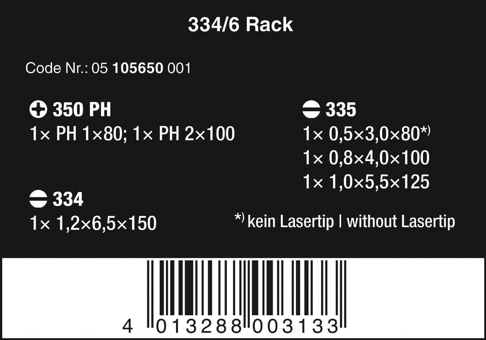 Wera 334/6 Rack Schraubendrehersatz Kraftform Plus Lasertip + Rack, 6-teilig, 05105650001 Single 334
