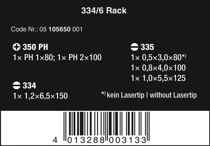 Wera 334/6 Rack Schraubendrehersatz Kraftform Plus Lasertip + Rack, 6-teilig, 05105650001 Single 334