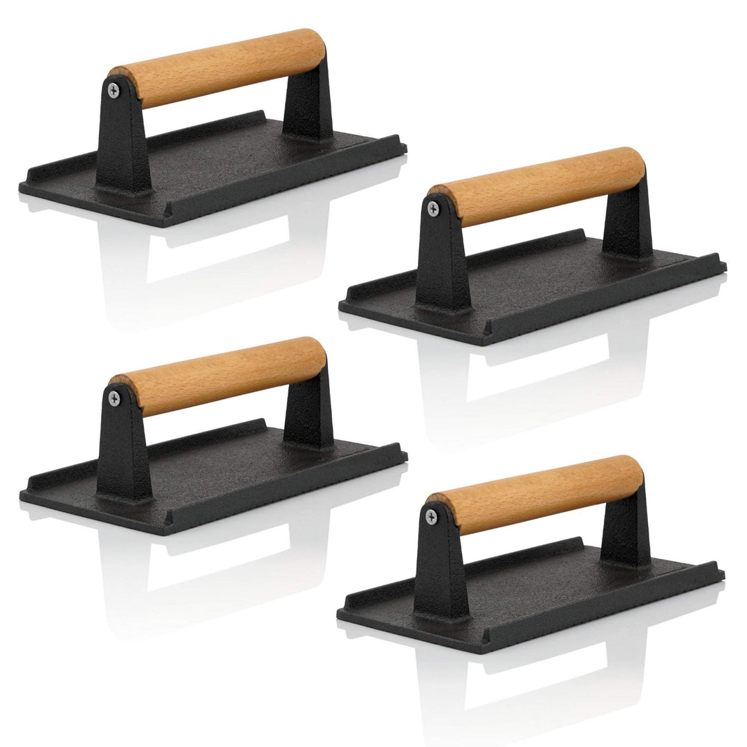 BBQ-Toro 4er Set Gusseisen Fleischbeschwerer 1 kg | 21 x 11 cm | Burger Grillgewicht mit Holzgriff,