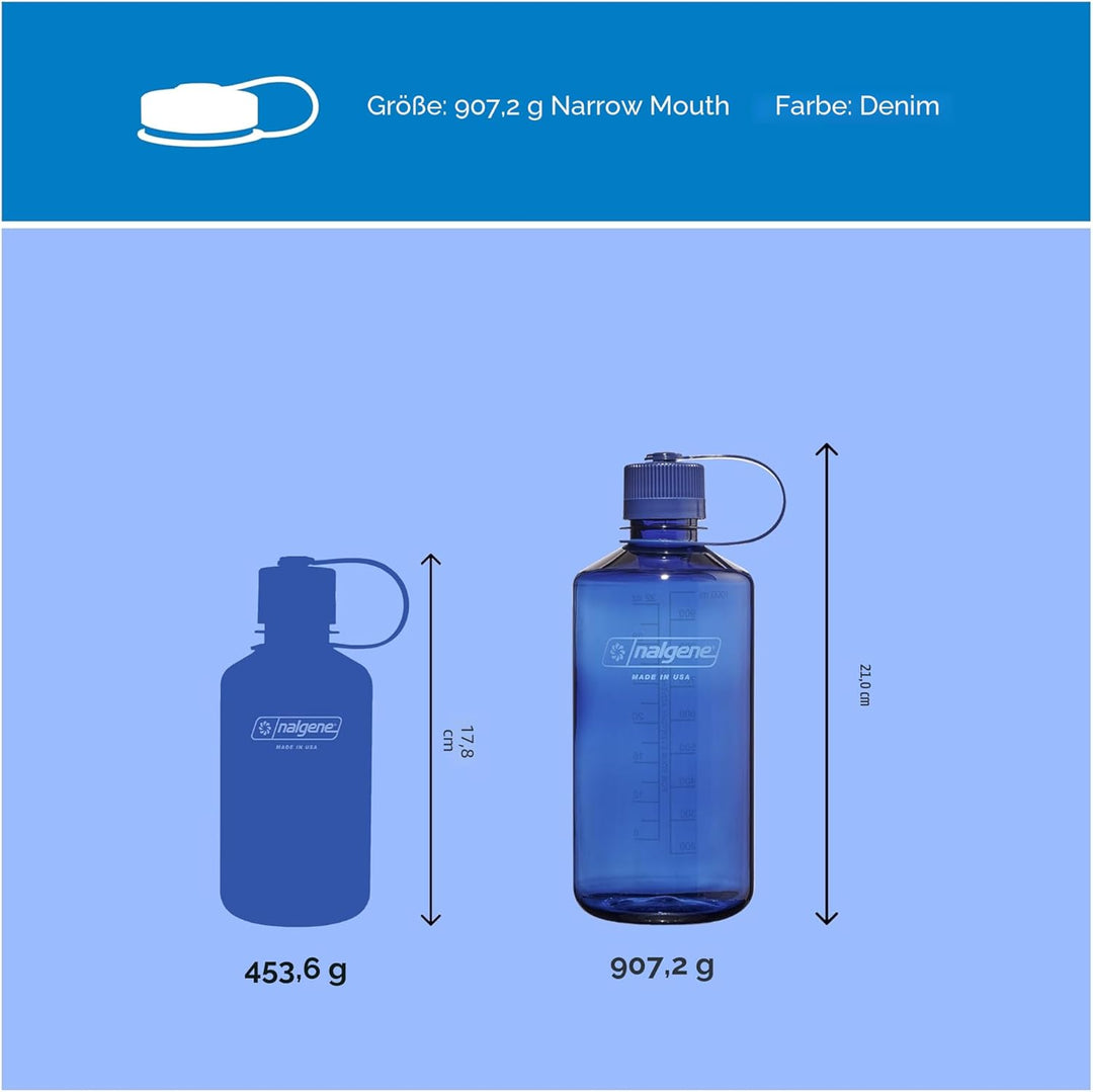 Nalgene Sustain Tritan BPA-freie Wasserflasche aus 50% Plastikmüll, 900 ml, schmale Öffnung, Denim,