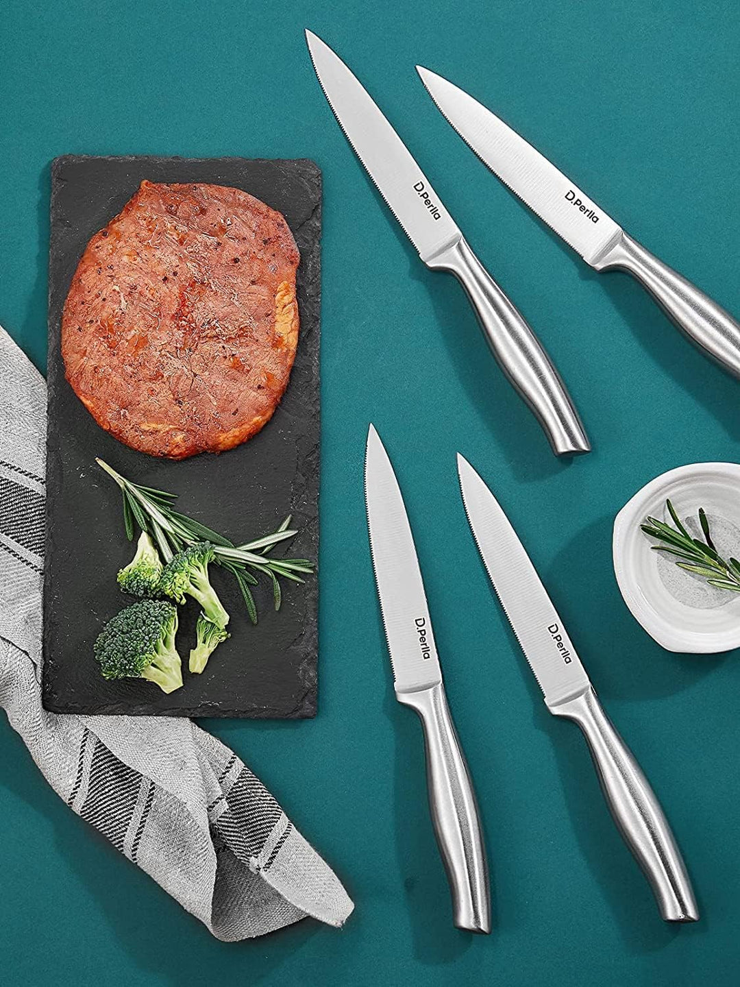D.Perlla Steakmesser Set, Edelstahl Steakbesteck Set für 8 Personen, Schärfer Länger Steakmesser mit