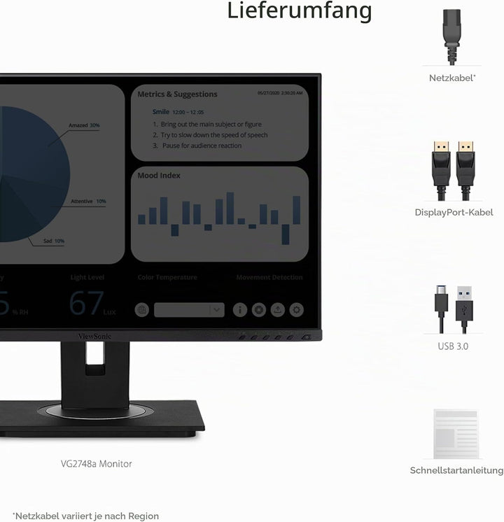 Viewsonic VG2748A-2 68,6 cm (27 Zoll) Büro Monitor (Full-HD, IPS-Panel, HDMI, DP, USB 3.0 Hub, Höhen