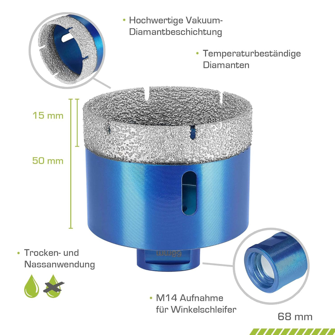 Profi Fliesenbohrer 68mm x M14 - Diamantbohrer für harte Fliesen, Feinsteinzeug uvm. Diamantbohrkron