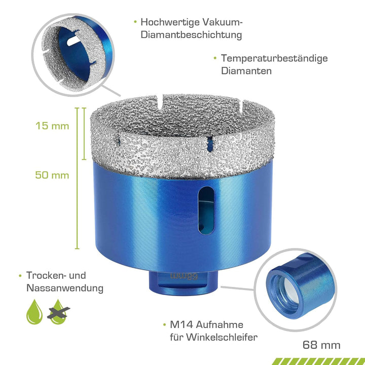 Profi Fliesenbohrer 68mm x M14 - Diamantbohrer für harte Fliesen, Feinsteinzeug uvm. Diamantbohrkron