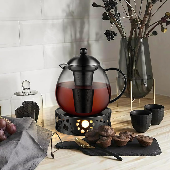 glastal Schwarz Teekanne mit Stövchen 1500ml Teebereiter Glas und Edelstahl Teewärmer Teekanne Suit
