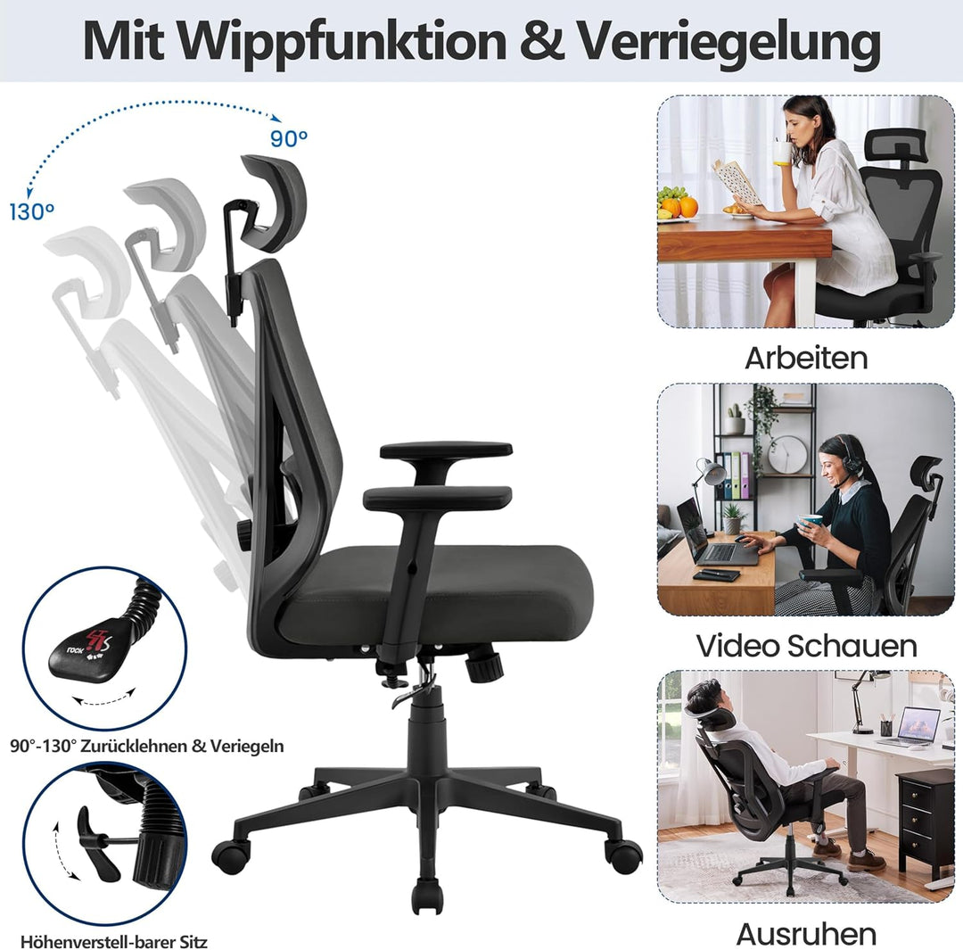 Yaheetech Bürostuhl Ergonomisch, Schreibtischstuhl mit Verstellbarer Kopfstütze, Armlehnen, Lendenwi