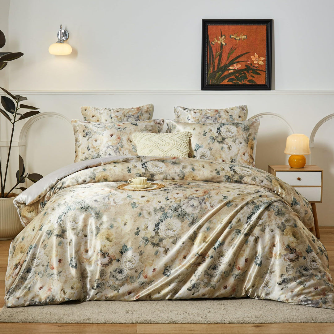 Satin Bettwäsche 135x200 4teilig Beige Blumen Motive Satin Bettwäsche Glänzend Glatt Deluxe Bettbezu