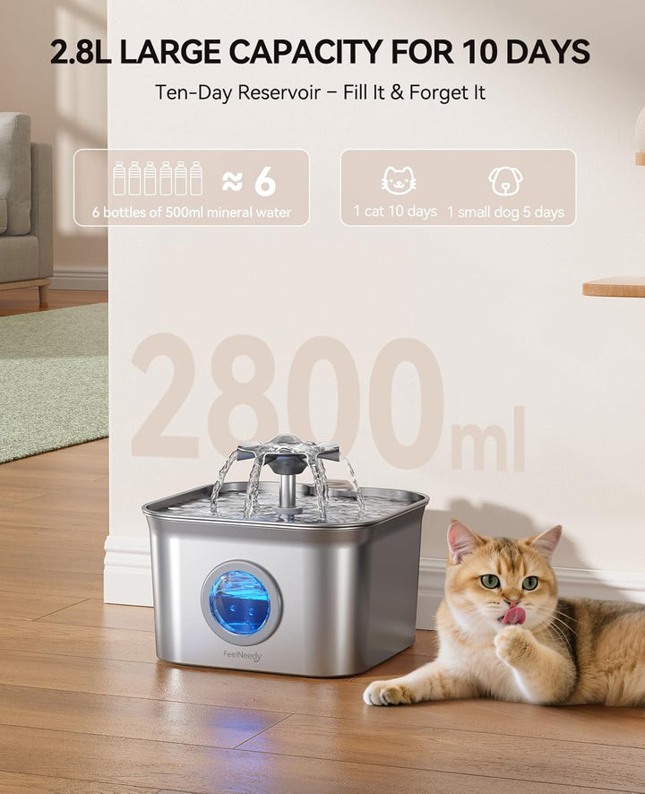 2.8L Katzenbrunnen Edelstahl mit 6 Filters, FEELNEEDY Trinkbrunnen für Katze, Katzentrinkbrunnen Ult