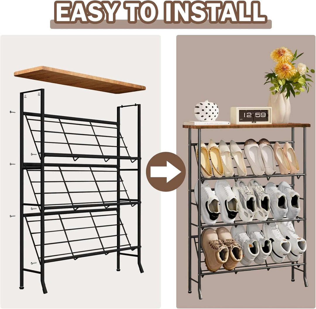 Schuhregal Schmal Metall, Shoe Rack mit 4 Ebenen, Stapelbares Kleines Schuhregal, SchuhstäNder Organ