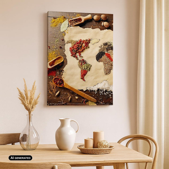 Bilder auf Leinwand Welt Karte Gewürze Farben Leinwandbild mit Rahmen 45x80cm Wandbilder Dekoration