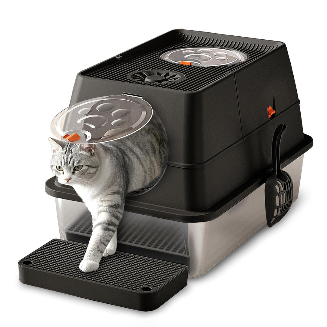 CALIYO Katzentoilette, Katzenklo Edelstahl mit Deckel, 3 in 1 Cat Litter Box, Katzenklo mit Schaufel