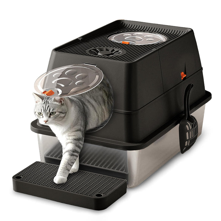 CALIYO Katzentoilette, Katzenklo Edelstahl mit Deckel, 3 in 1 Cat Litter Box, Katzenklo mit Schaufel