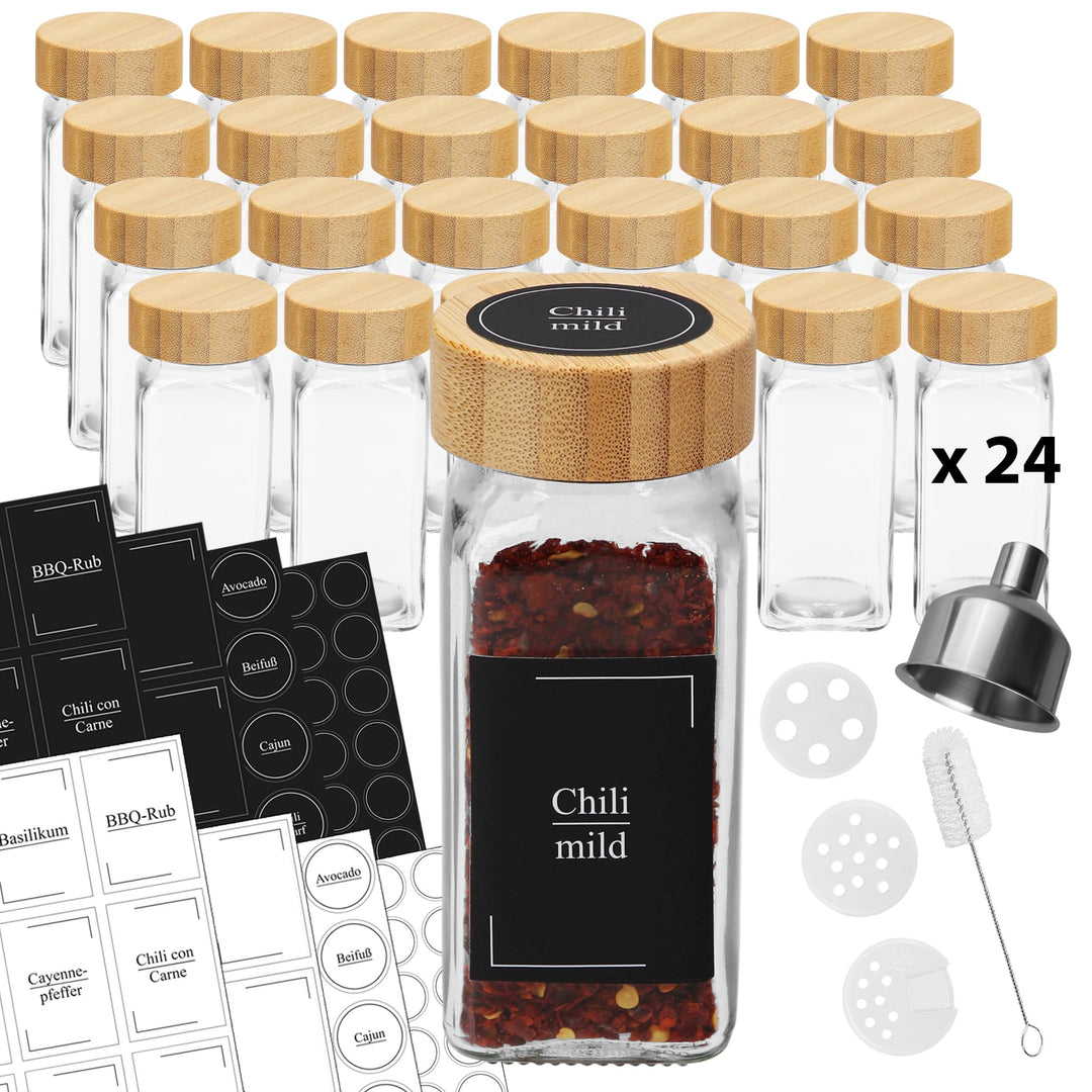 VonBueren Gewürzgläser eckig mit Bambusdeckel | Set mit 24 x 120 ml | Gewürzbehälter mit Streueinsat