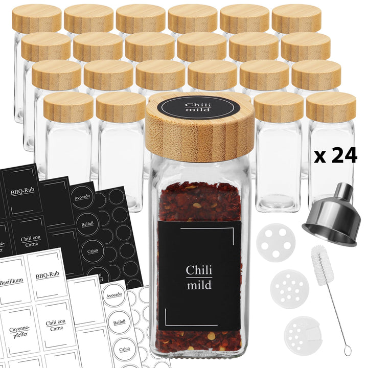VonBueren Gewürzgläser eckig mit Bambusdeckel | Set mit 24 x 120 ml | Gewürzbehälter mit Streueinsat