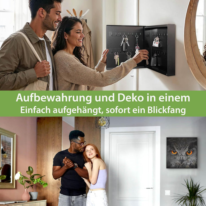 banjado® Grosser Schlüsselkasten Glas/Schlüsselbox 30cm x 30cm mit 50 Haken - Motiv Uhu/Schlüsselkas