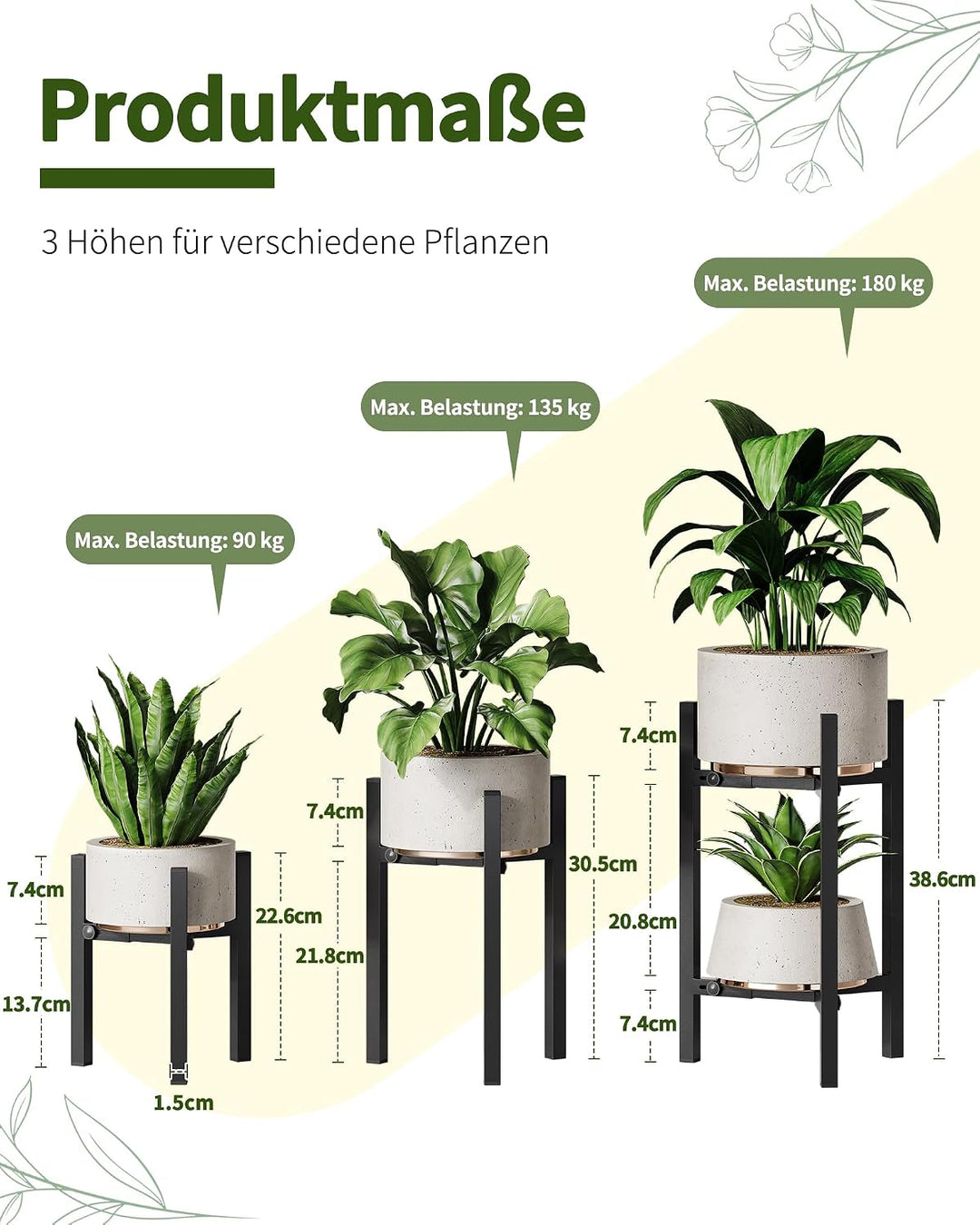 3er-Set Pflanzenständer Blumenständer Metall Blumenhocker Schwarz | Verstellbare Breite 20–30 cm, um
