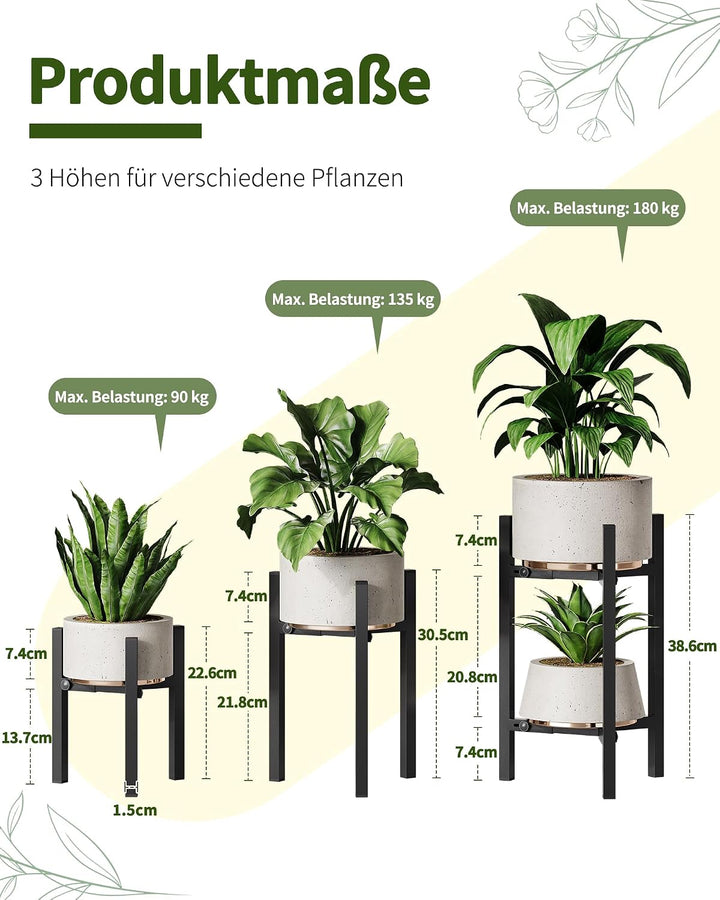 3er-Set Pflanzenständer Blumenständer Metall Blumenhocker Schwarz | Verstellbare Breite 20–30 cm, um