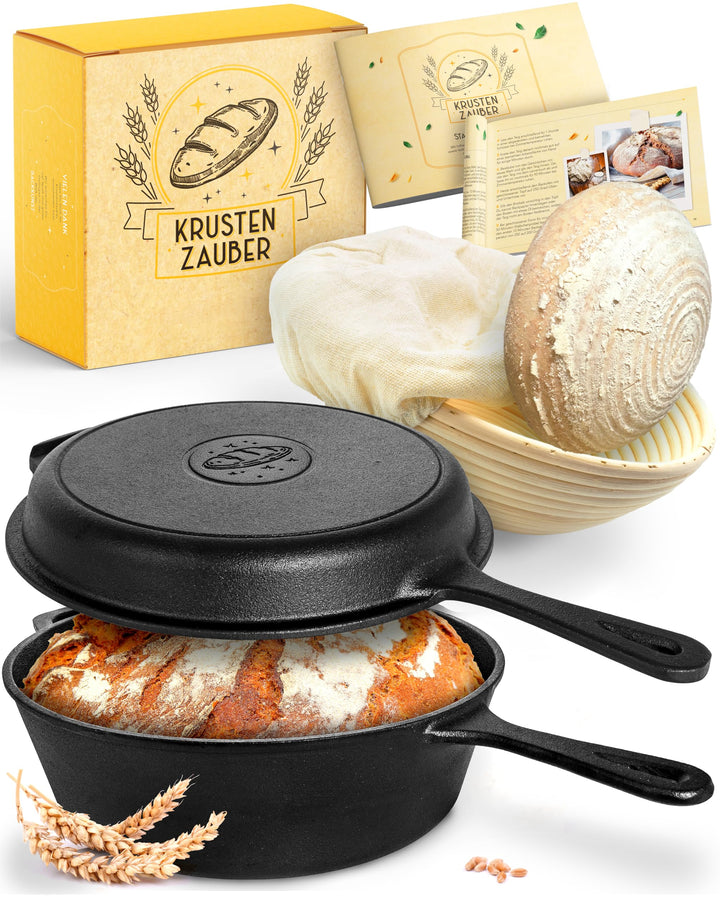 KRUSTENZAUBER 26cm Gusseisen Topf Brot Backen inkl. Gärkorb - Robuster Brottopf zum backen - Ideale