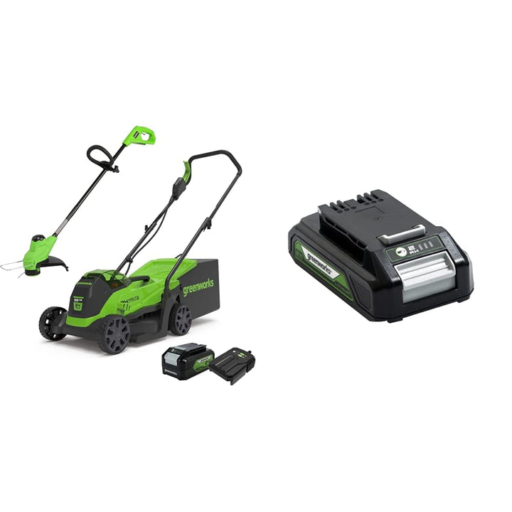 Greenworks Elektro-Rasenmäher 24V 33cm 30L Grasfangbox und Kabelloser Rasentrimmer 25cm automatische