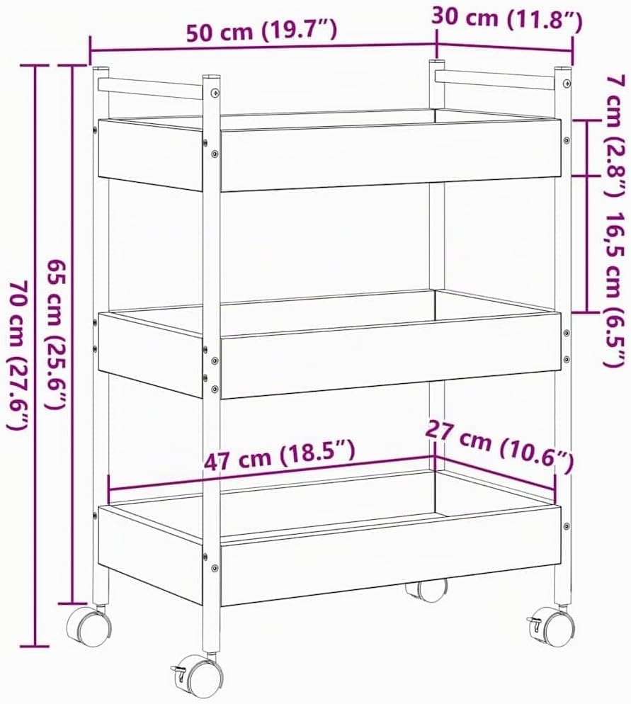 vidaXL Küchentrolley Schwarz Eichen-Optik 50 x 30 x 70 cm, Moderner Küchenwagen, rechteckiger mobile