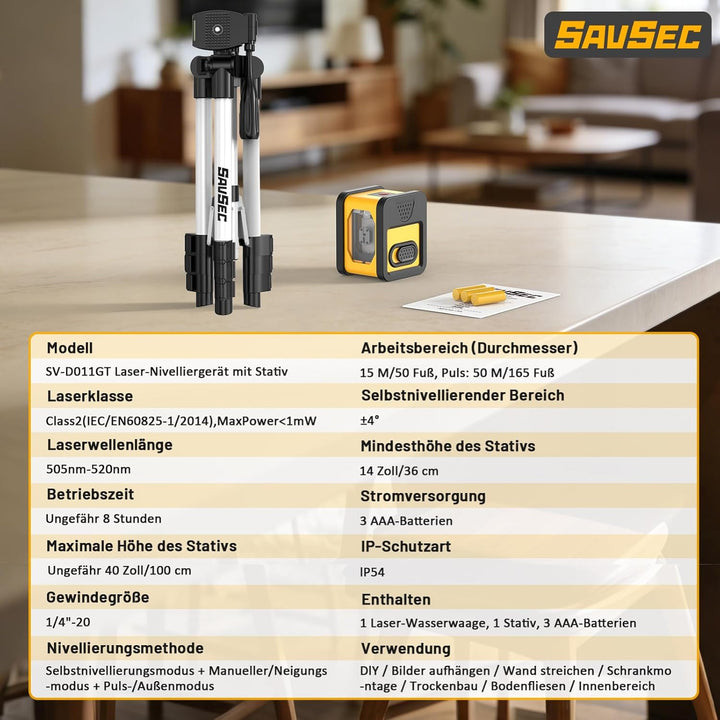 Laser Wasserwaage mit 1m Stativ, 50m Pulsmodus SAVSEC Kreuzlinienlaser Selbstnivellierend, Vertikale
