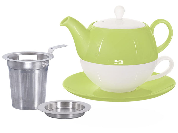 Tea for One mit Sieb Lena 500ml aus Crystal Bone China Porzellan in grün. Teekanne + Teetasse + Unte