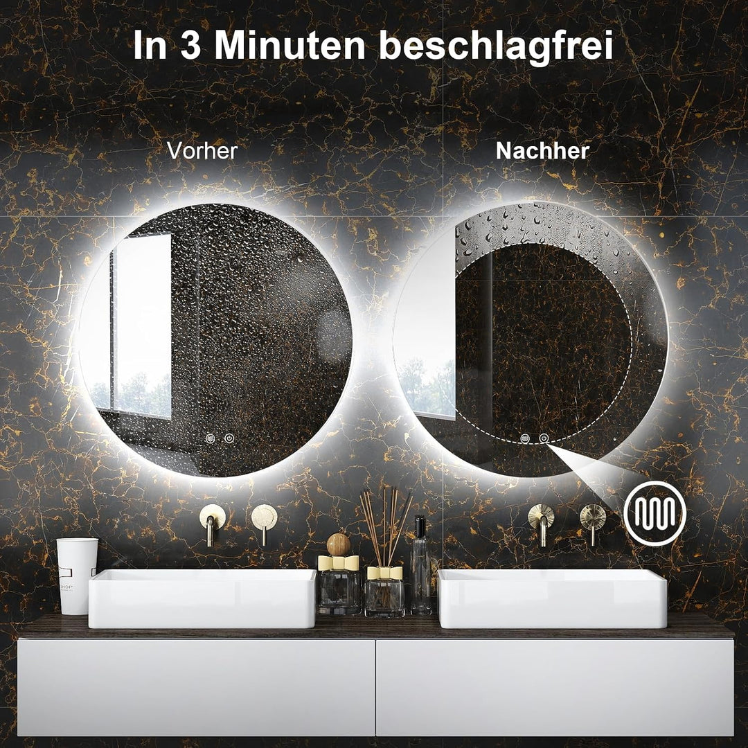 Trintion LED Spiegel Bad mit Beleuchtung 50 cm Rund – Touch-Schalter, Beschlagfrei, Dimmbar – Badezi