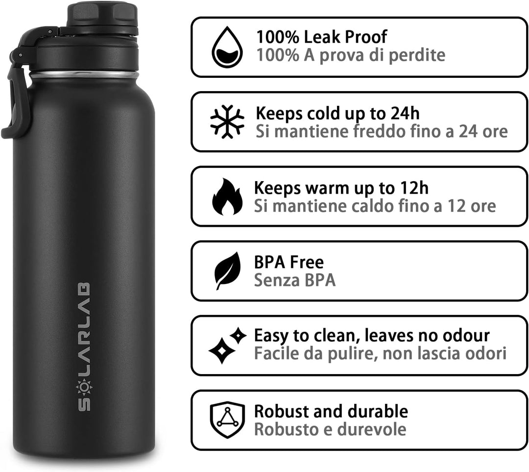 SOLARLAB Trinkflasche edelstahl - Thermoflasche Isolierflasche Thermoskanne 1l für heisse und kalte