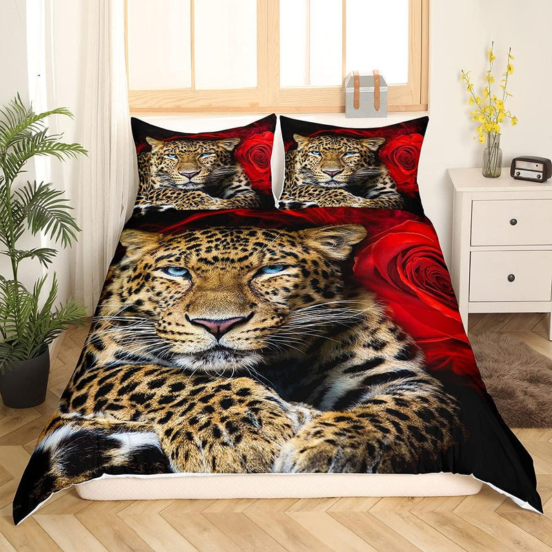 Homewish Leopard Bettbezug, Cheetah Bettwäscheset Rose Blume Trösterbezug 135x200, Für Kinder Jungen