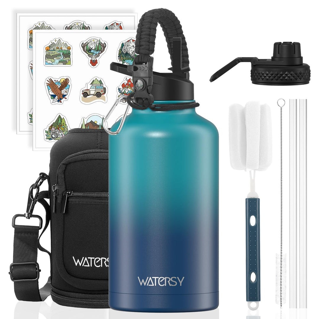 WATERSY Isolierte Edelstahl Trinkflasche 64oz Vakuumisolierte Thermosflasche mit 2 Deckel Auslaufsic