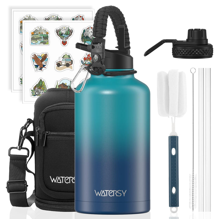 WATERSY Isolierte Edelstahl Trinkflasche 64oz Vakuumisolierte Thermosflasche mit 2 Deckel Auslaufsic
