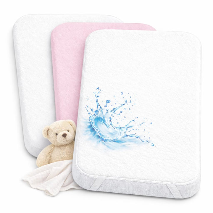 Lovely Hippo 2X Spannbettlaken 50x83 cm 100% Baumwolle + 1X Matratzenschoner 100% wasserfest - 3er S