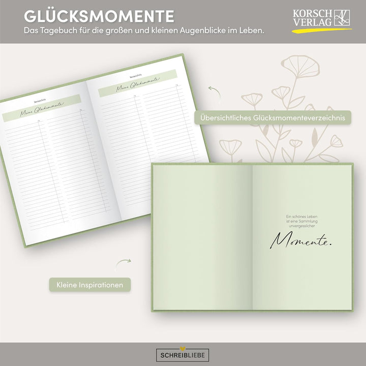 Glücksmomente Green: Notizbuch, Ausfüllbuch mit Goldveredelung, Lesebändchen, Zetteltasche und Gummi