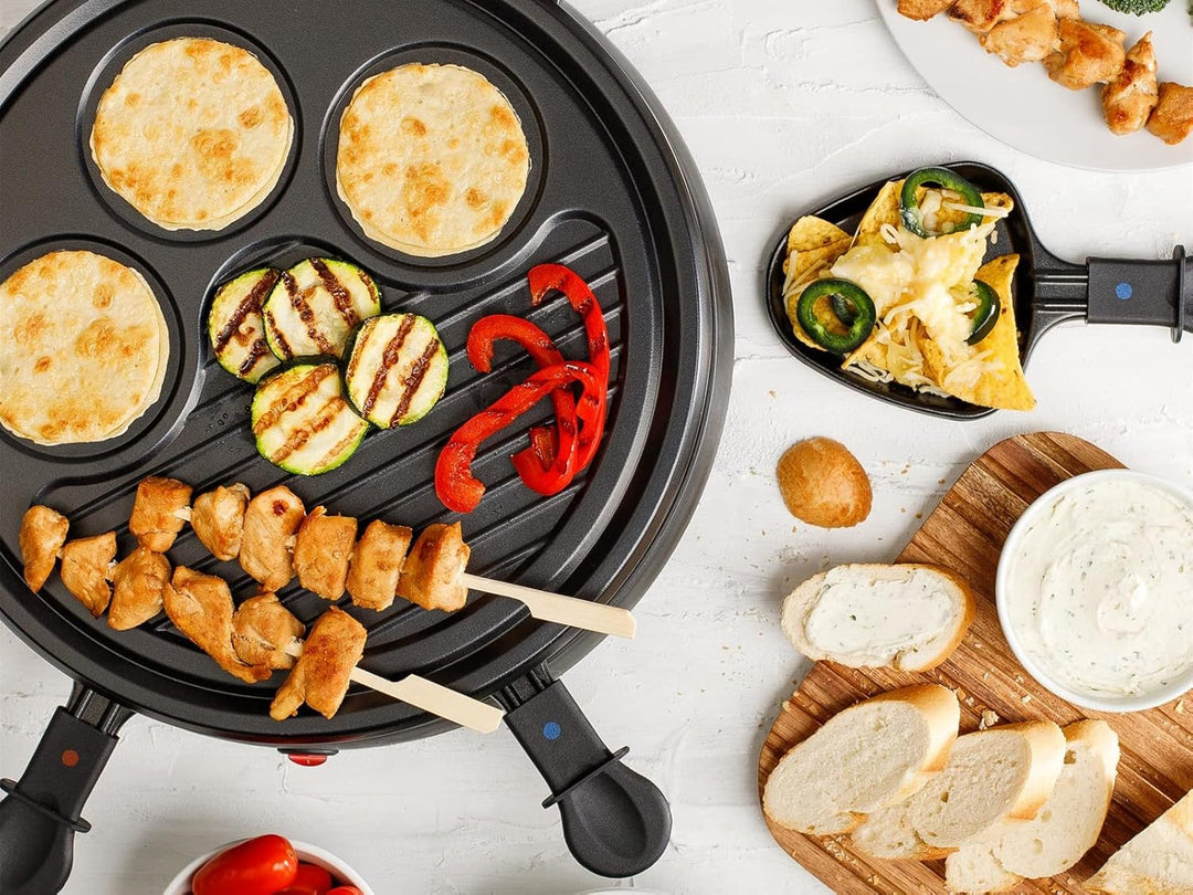 Raclette & Grill Set mit integrierter Crêpefläche, geeignet für 6 Personen inklusive Teppan Gabeln,