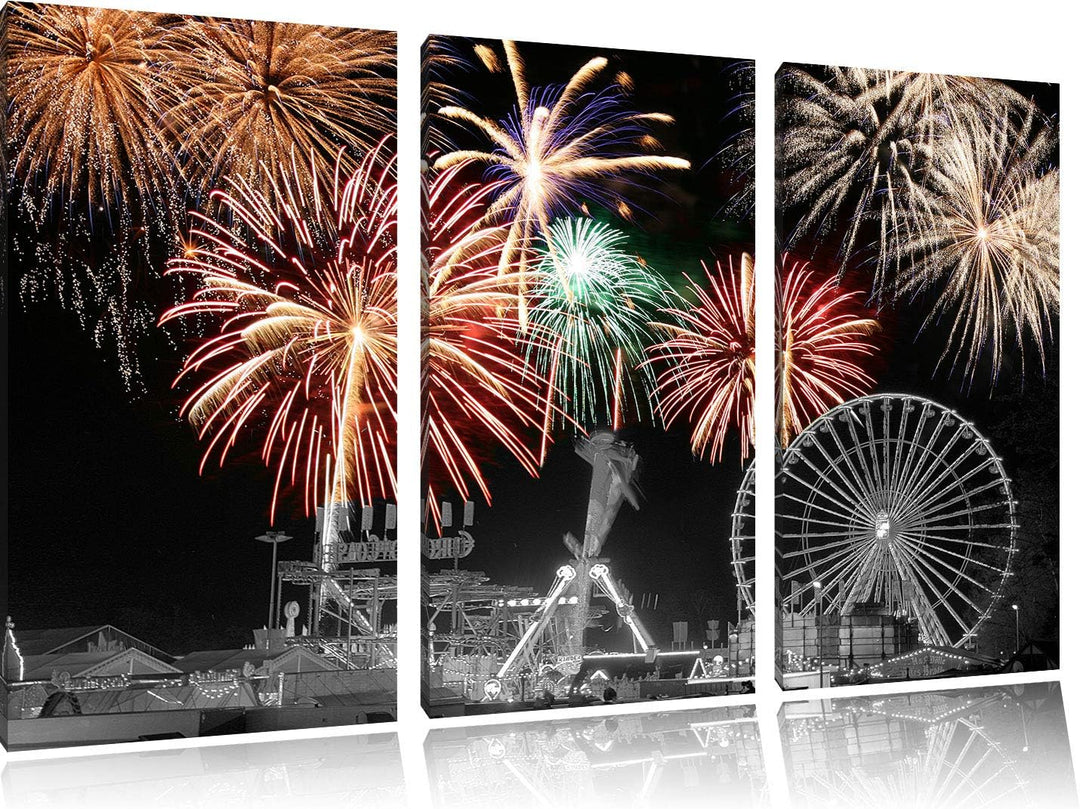 Silvester Feuerwerk schwarz/weiss 3-Teiler Leinwandbild 120x80 Bild auf Leinwand, XXL riesige Bilder