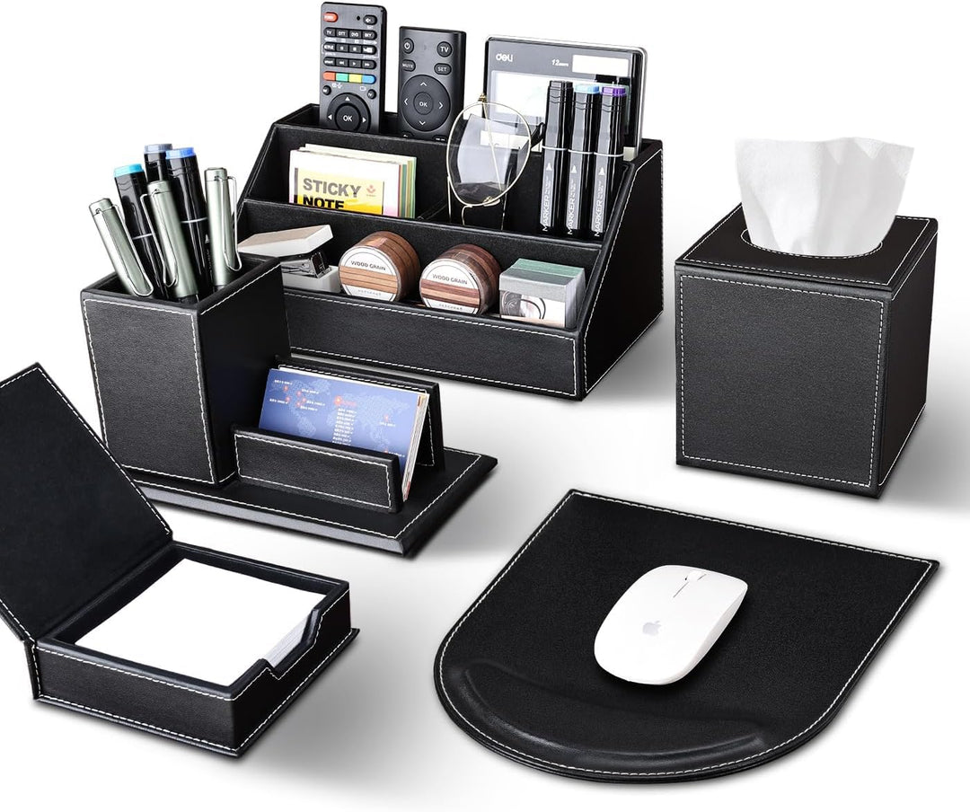 KINGFOM Büro Zubehör Set Schwarz, 5Pcs PU Leder Schreibtisch Set mit Schreibtisch Organizer, Kosmeti