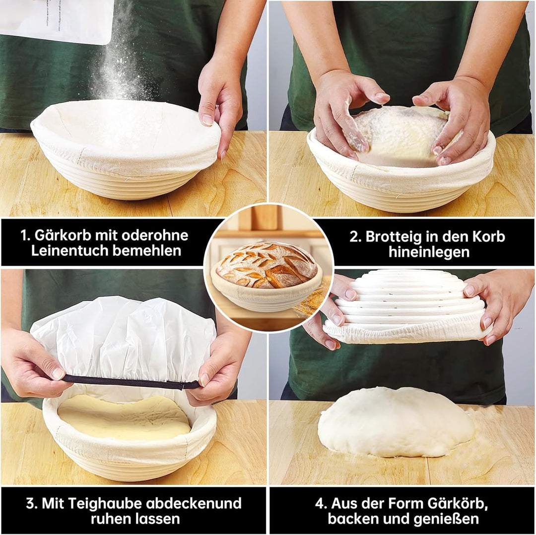 Gärkorb Brot Set, Gärkörbchen Rund 23 cm aus Natürlichem Rattan, Inklusive Bäckermesser, Bäckerleine