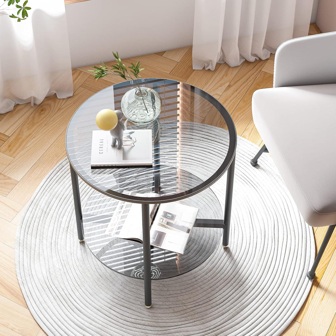 Artloge Couchtisch Rund Glas Beistelltisch: 2-Ablagen Sofatisch - Stabil Wohnzimmertisch - Gross Tis