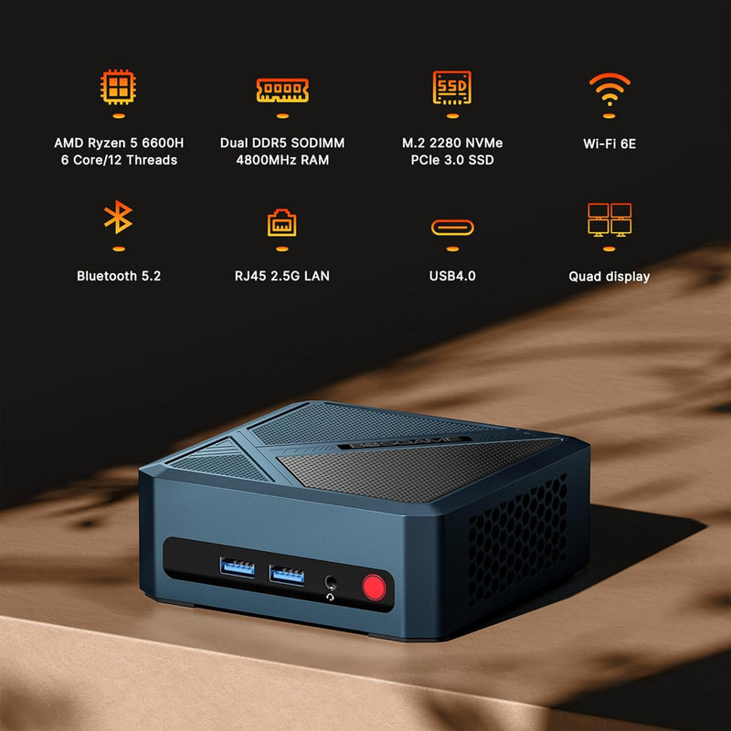 BOSGAME P5 Mini-PC, AMD Ryzen 5 6600H Prozessor (bis zu 4,5 GHz), Windows 11 Pro Mini-Computer, 24 G