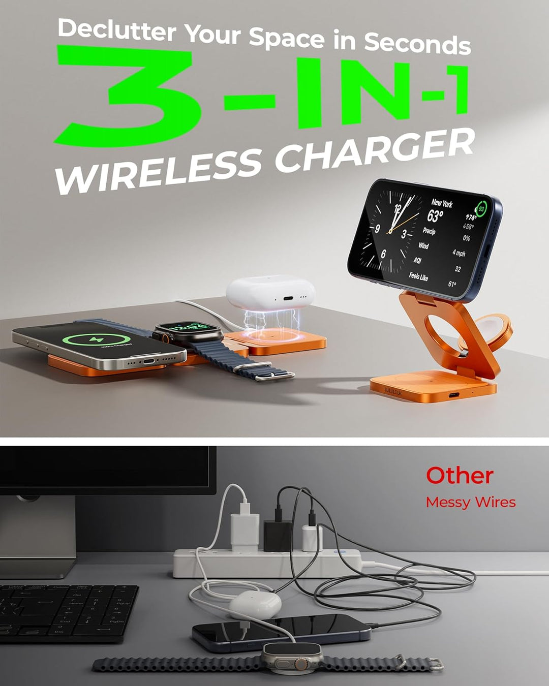 LULULOOK Ultra Kompakt Qi2.2 25W 3 in 1 Ladestation, Faltbar Reise MagSafe Ladegerät für iPhone 17/1