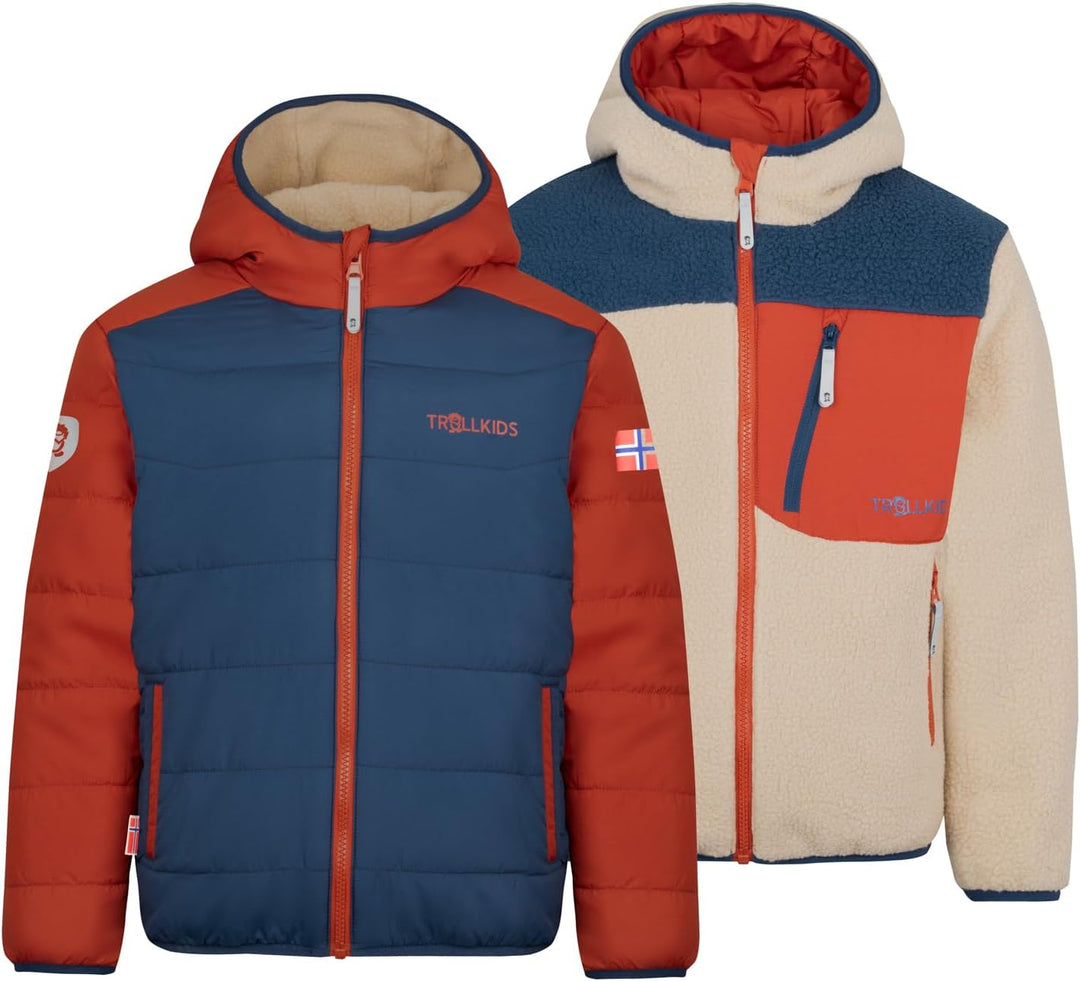 Trollkids winddichte Kinder Jacke mit Reissverschlusstaschen SANDVIKA 92 Wüstensand/Mystik Blau/Rost