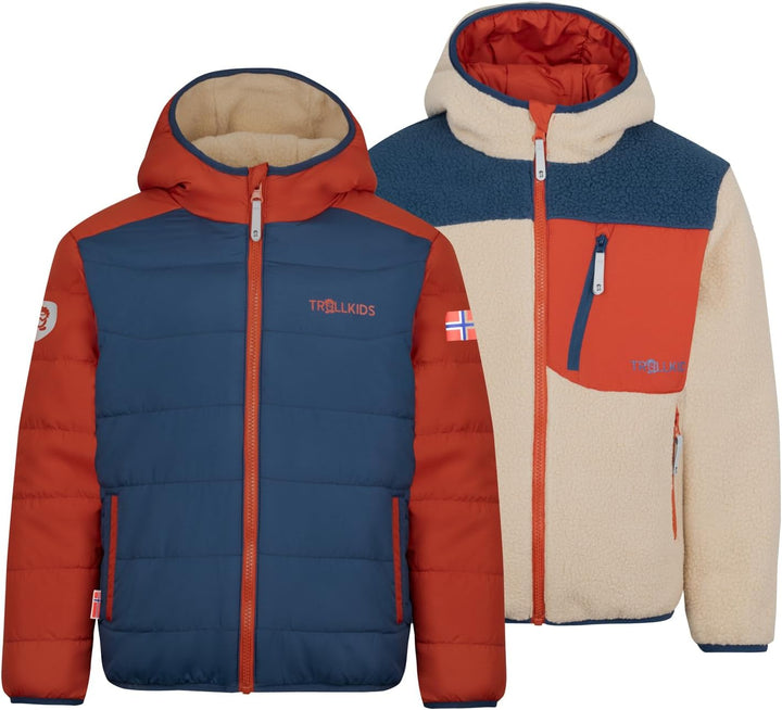 Trollkids winddichte Kinder Jacke mit Reissverschlusstaschen SANDVIKA 92 Wüstensand/Mystik Blau/Rost