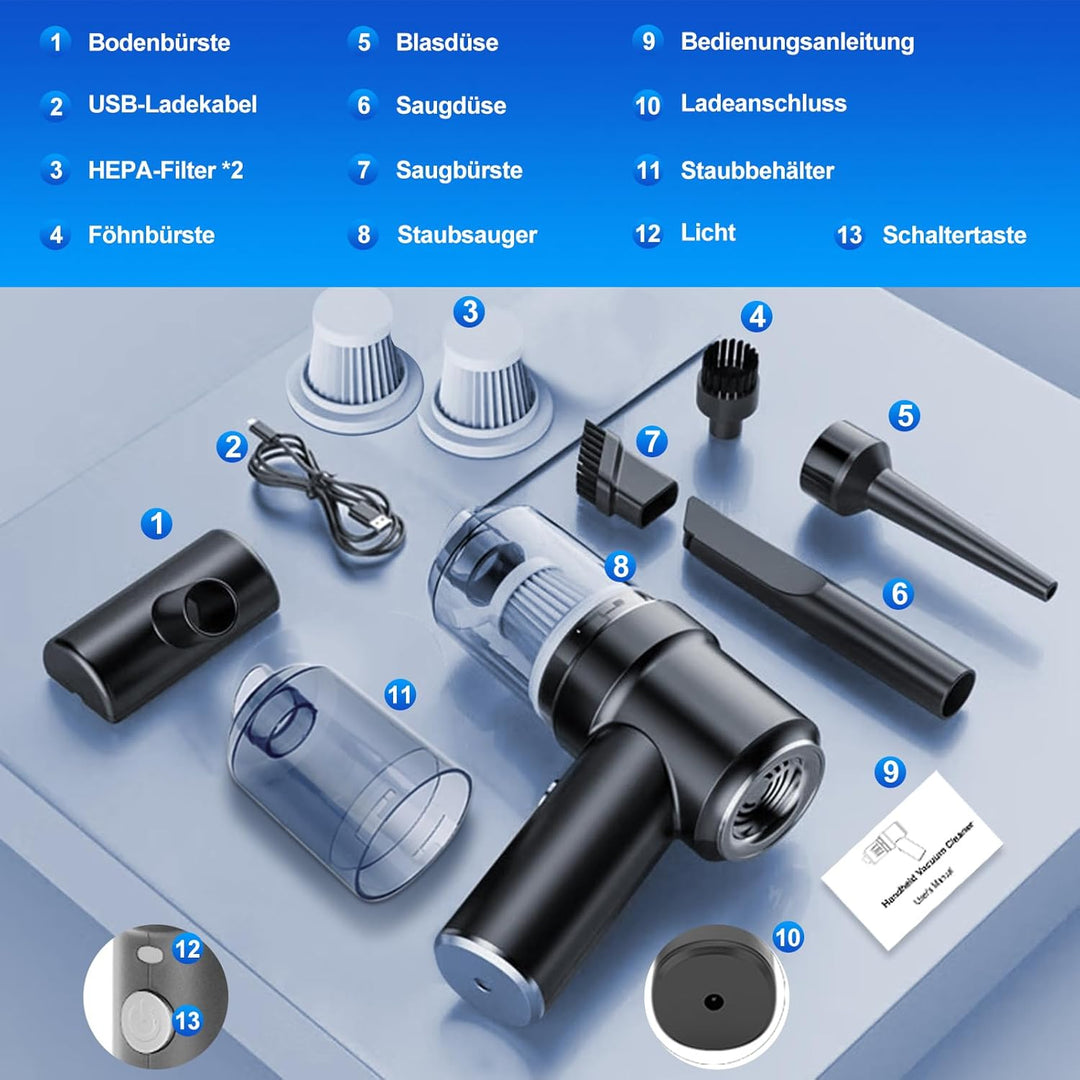 Handstaubsauger Akku Kabellos,9000Pa Aufladbar Tragbar Leicht Akkustaubsauger mit HEPA-Filter, 2-in-
