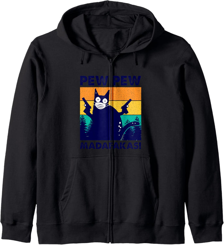 Pew Pew Madafakas Kitty Crazy Retro Cat Gesichtsmaske Be Safe Kapuzenjacke