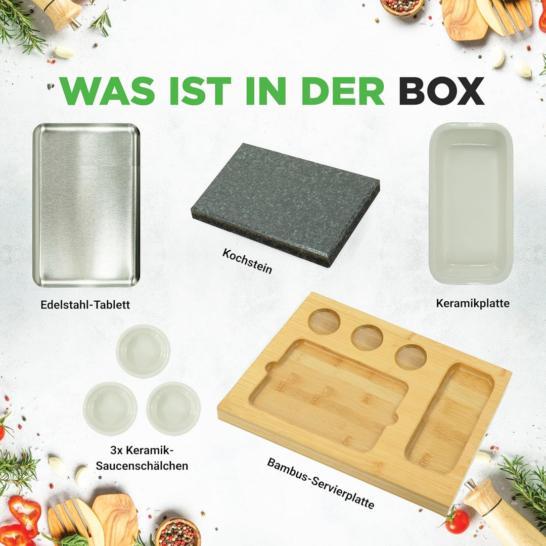 NutriChef Heisser Stein Grillplatte – Tischgrill-Set mit Bambus und Keramik Ideal für Steak und Dinn